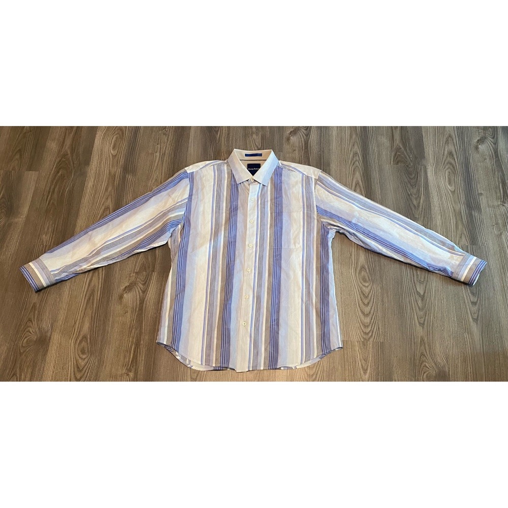 Tommy Bahama Silk Blend LS Button Front Shirt Mens size Large Blue Cream